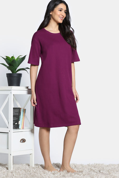 Zivame 2 Mile Fashion Knit Cotton Knee Length Nightdress - Plum Caspia — image 3